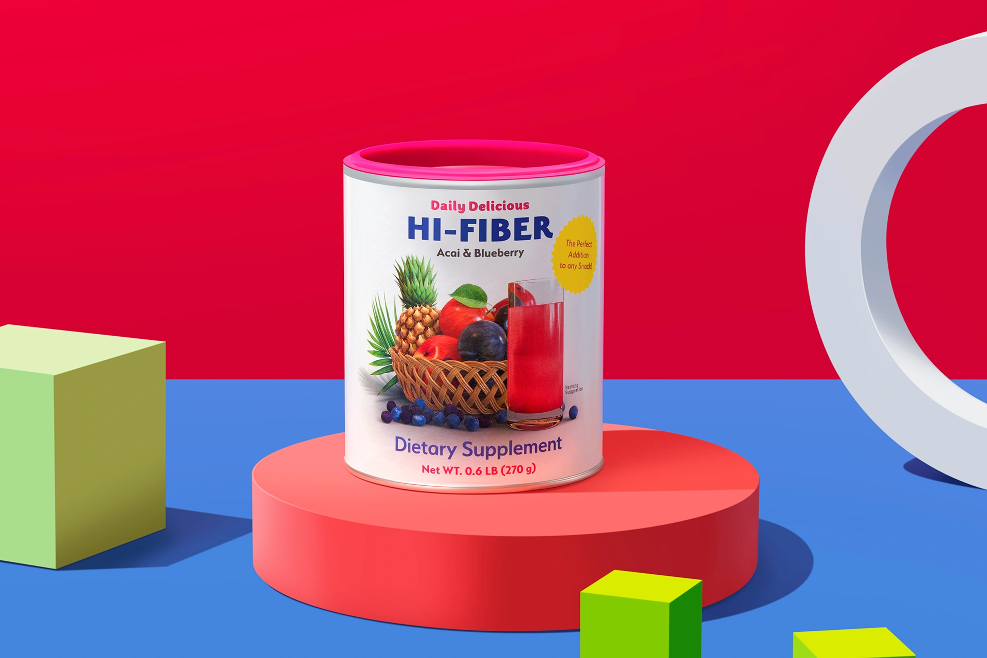 Мерная ложка с порошком Daily Delicious Hi-Fiber рядом со стаканом свежей воды